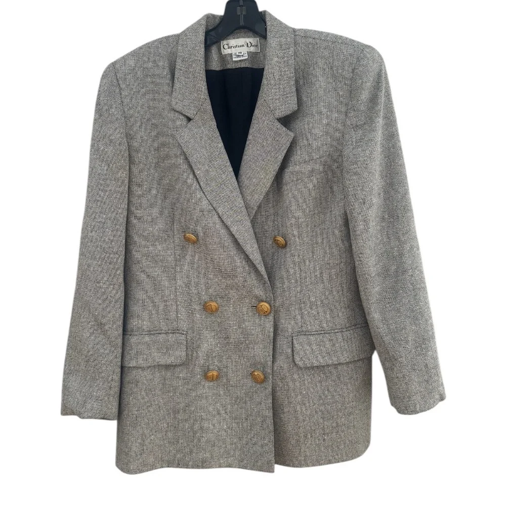 Dior Double-Breasted Gray Tweed Blazer with Gold Buttons